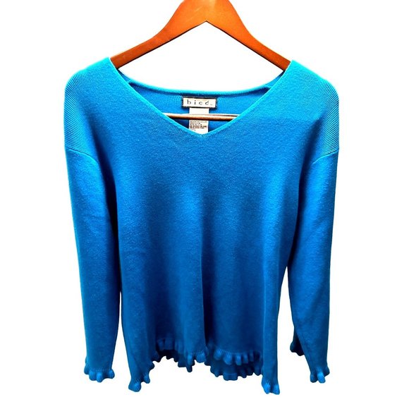 Bice 100% Cotton Pullover Sweater Cardigan Blue Long Sleeve V Neck Ribbed Knit R - Picture 1 of 5